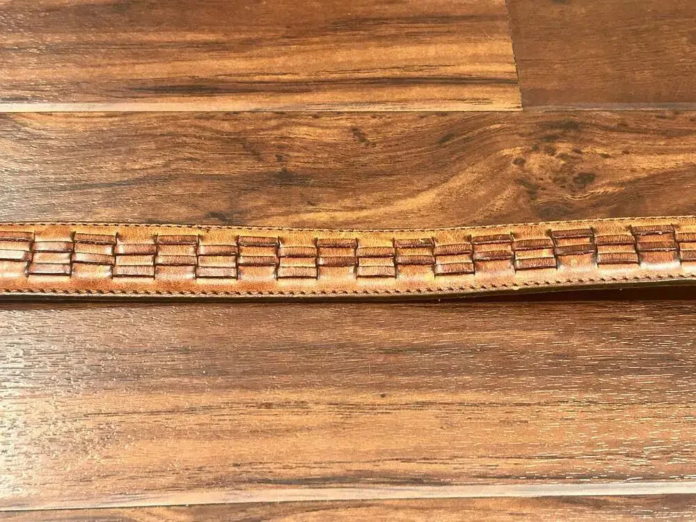 Vintage Hand-Tooled Tan Leather Western Belt with Brass Buckle